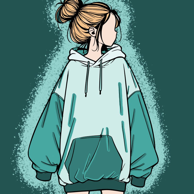 realistic girl with a oversized sweatshirt on and a bun