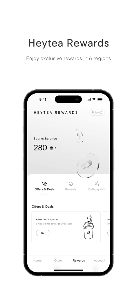 HEYTEA app rewards screen showing sparks balance and loyalty deals