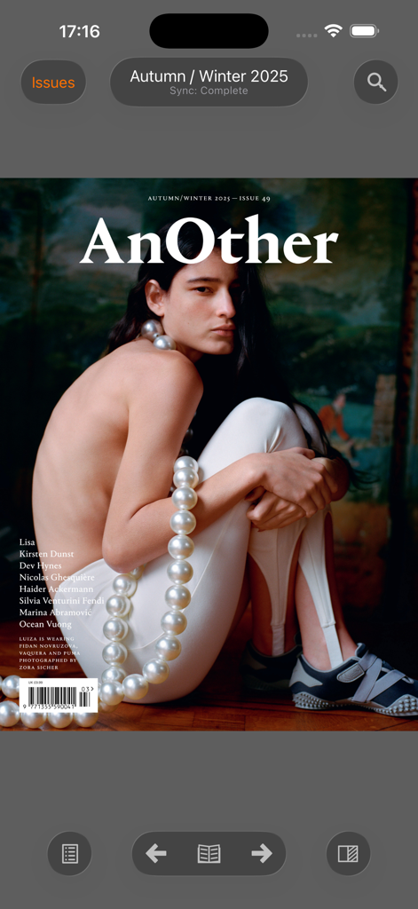 AnOther Magazine - Digital cover of AnOther Magazine Autumn Winter 2025 issue featuring a fashion model with a pearl necklace.