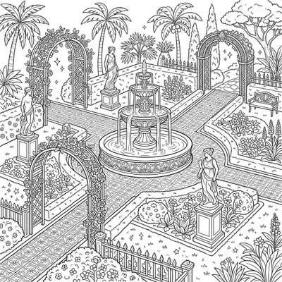 Immerse yourself in the timeless beauty of an ornate palace garden, brimming with classical charm. This captivating coloring page features elegant fountains, majestic statues, and intricate floral patterns, perfect for a relaxing artistic escape.