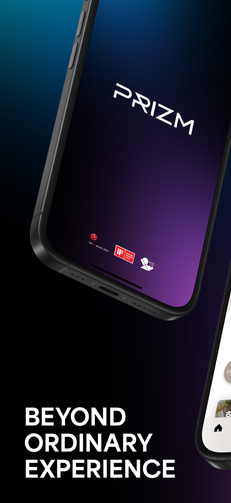 PRIZM luxury travel app splash screen featuring the logo and slogan Beyond Ordinary Experience