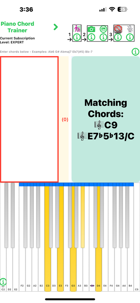 Piano Chord Trainer - Interface of Piano Chord Trainer identifying chords played on a virtual keyboard