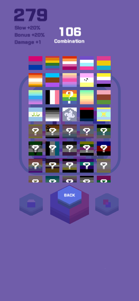 LGBT Cube Merge Defense - A grid of various unlocked and locked LGBT pride flag cubes in the game combination menu