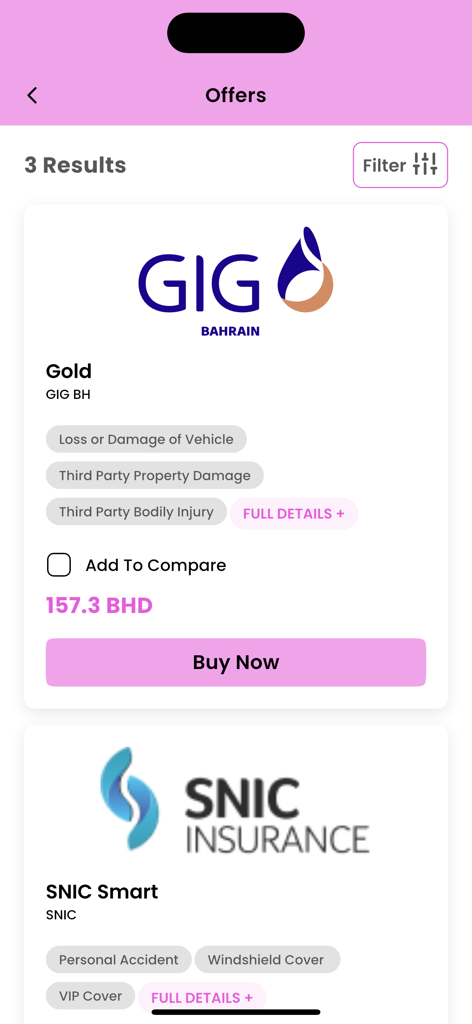 Amen Insurance - Amen Insurance app interface showing car insurance quotes from GIG and SNIC providers in Bahrain with pricing and comparison options.