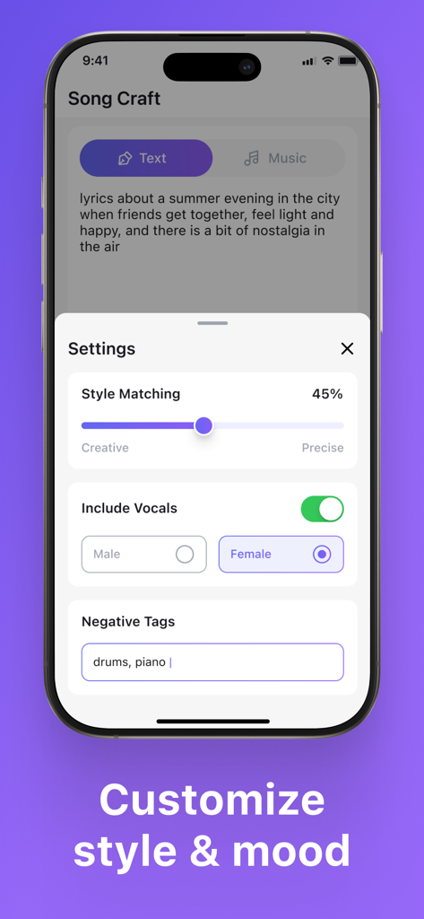 Customizing song style and vocal settings in the AI Song Maker app