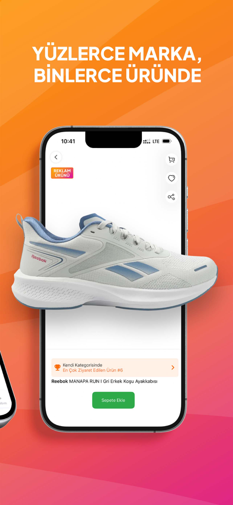 Smartphone screen showing a Reebok running shoe on the FLO AYAKKABI shopping app.