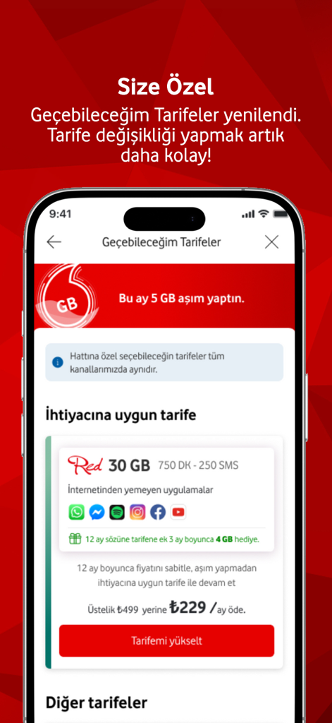 Vodafone Yanimda app screen showing a personalized 30GB data plan offer and upgrade options in Turkish.