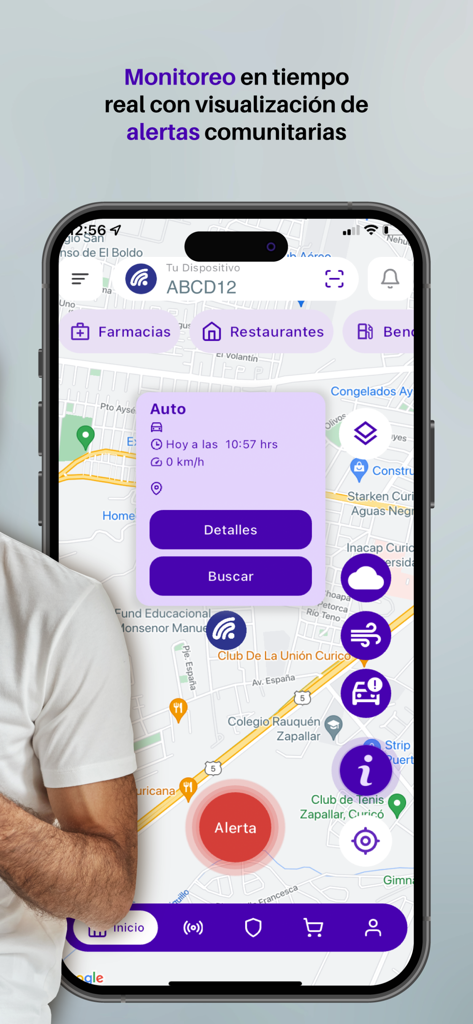 WiseCity - WiseCity App-Bildschirm zeigt Echtzeit-GPS-Fahrzeugverfolgung und Community-Risikowarnungen auf einer Kartenoberfläche.