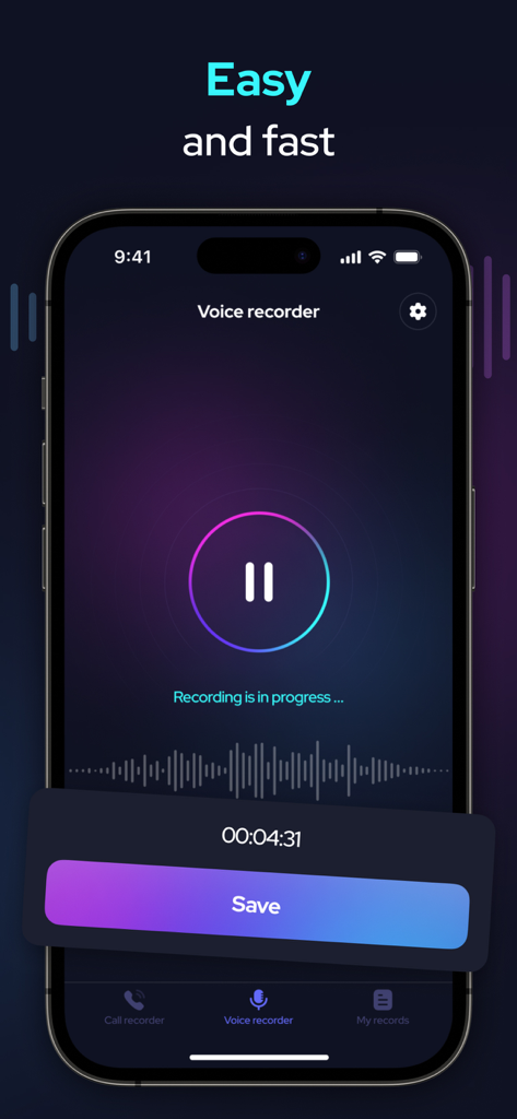 iPhone screen showing the Call Recorder app with an active voice recording session and a save button.