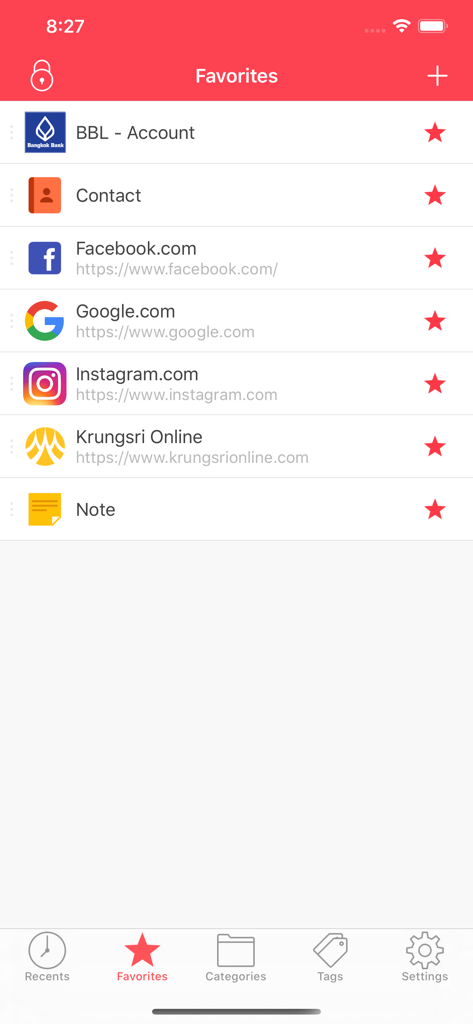 Favorites screen in the Password Goo app displaying a list of saved accounts and logins