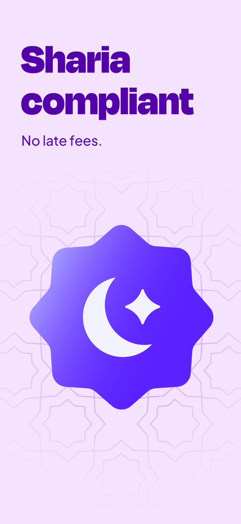 Tamara app screen highlighting Sharia compliance and no late fees with a crescent moon and star icon