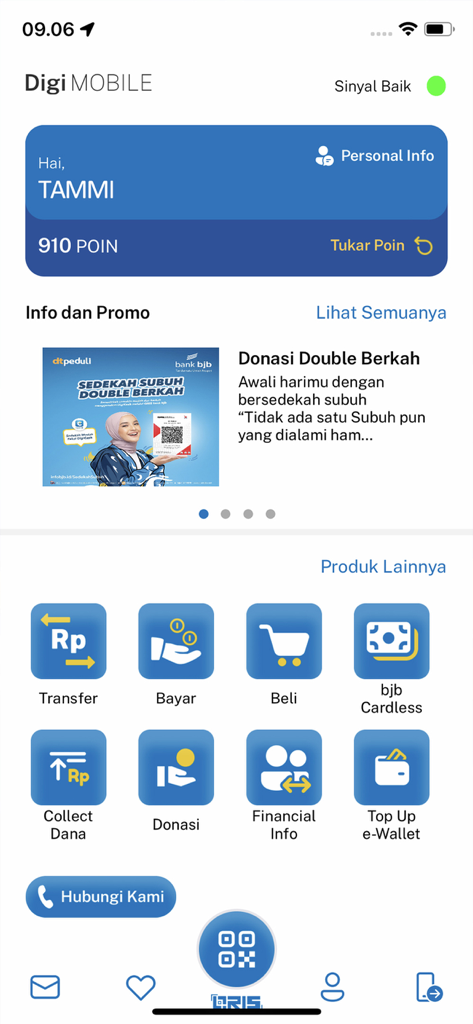 Pantalla de inicio de la aplicación móvil DIGI by bank bjb que muestra puntos de cuenta de usuario e iconos de varios servicios bancarios como Transferir y Pagar.