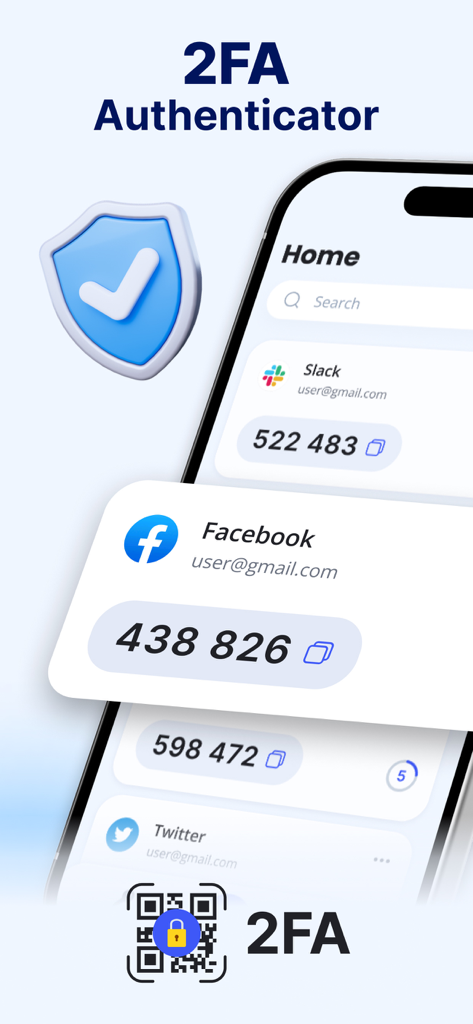 Authenticator App - 2FA - Interfaz de la App de Autenticación mostrando códigos de autenticación de dos factores para Slack, Facebook y Twitter