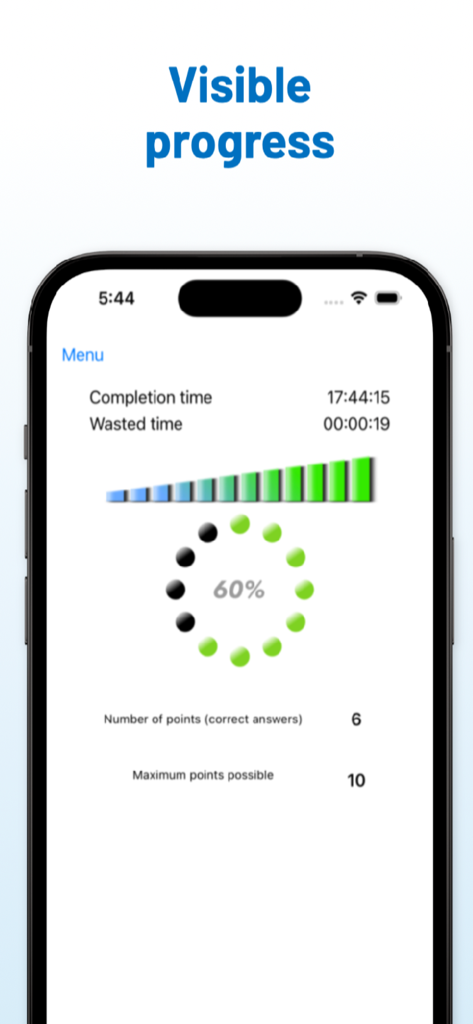 Life in UK: Exam 2026 - A mobile app screen showing visible progress with a 60 percent completion score and test statistics