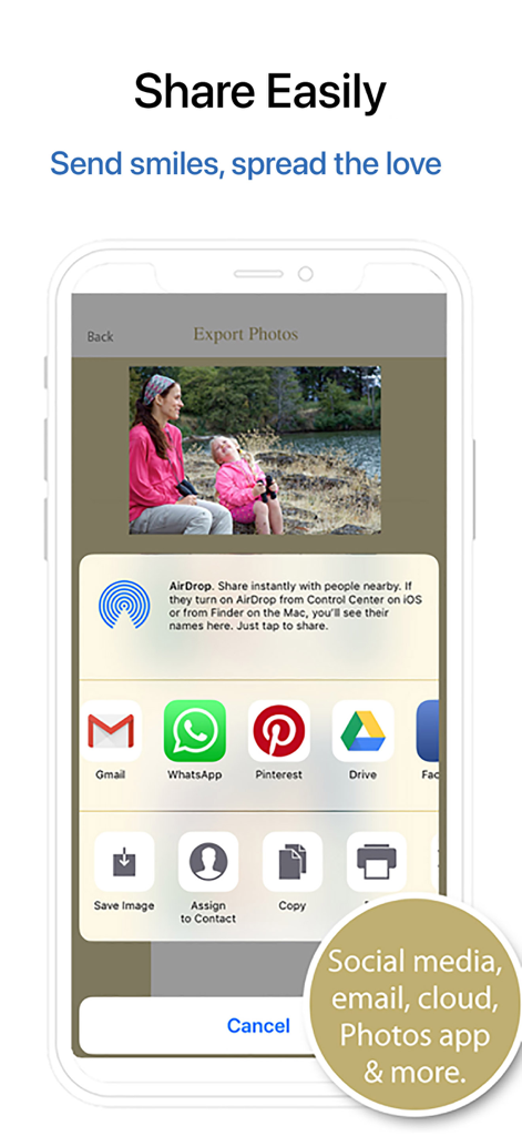 Pic Scanner Gold: Scan photos - Interface of Pic Scanner Gold showing multiple export options for sharing scanned photos via AirDrop, social media, and cloud storage.
