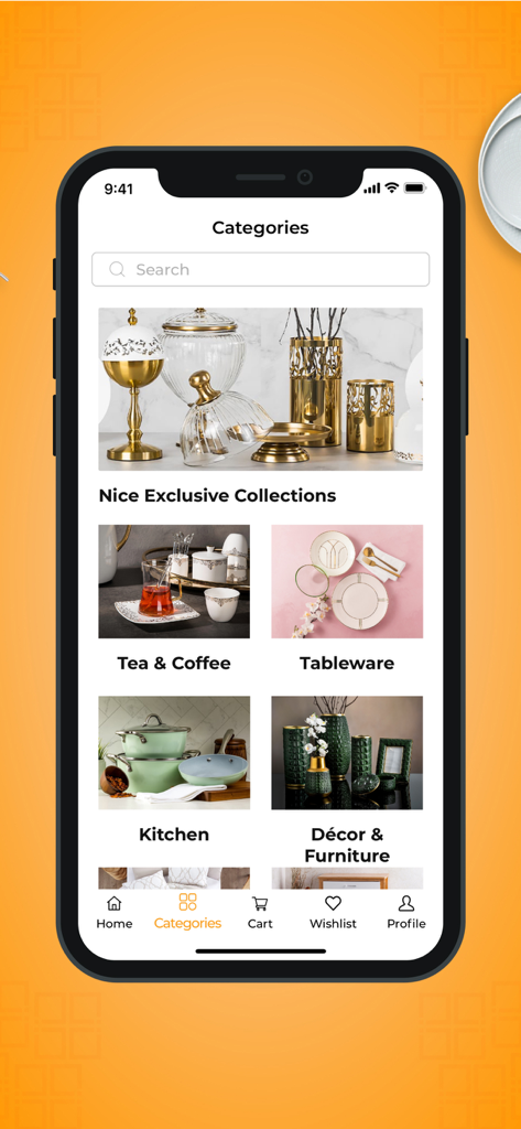 Nice Stores app screen showing home decor categories like kitchen and tableware