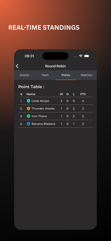 Bracket & Scheduler - Mobil-App-Bildschirm, der Echtzeit-Ranglisten und eine Punktetabelle für ein Round Robin-Turnier zeigt