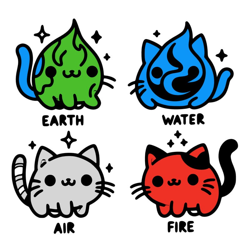 4 cats that represent the different elements, earth, water, air, and fire