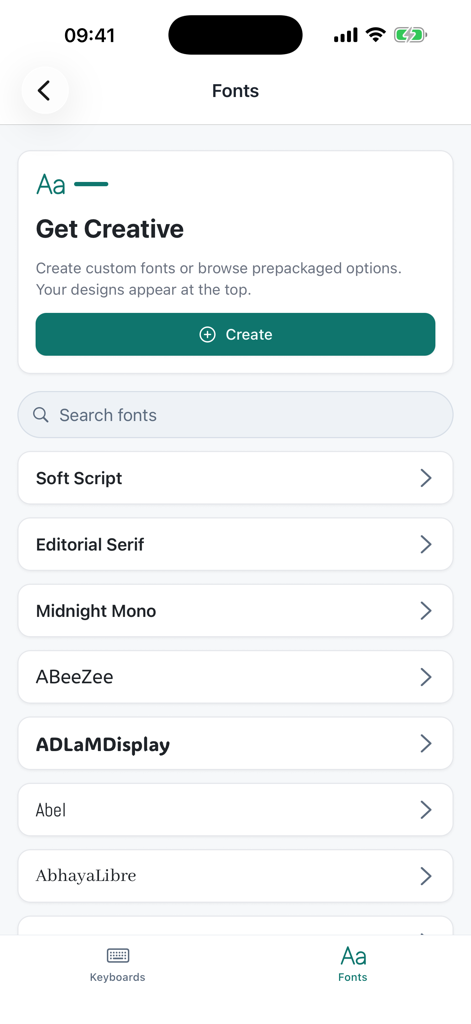 Keybench: Custom Font Keyboard - Pantalla de selección de fuentes de Keybench que muestra fuentes preinstaladas y un botón para crear estilos personalizados
