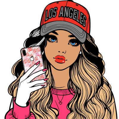 realistic beautiful girl wearing los ángeles cap holding an iphone