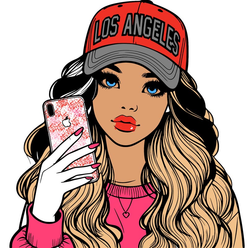 realistic beautiful girl wearing los ángeles cap holding an iphone