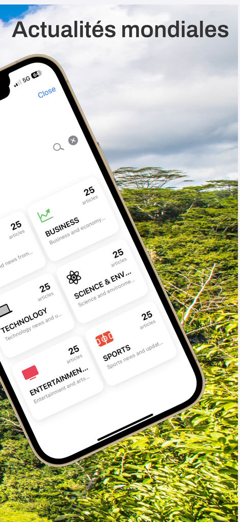Radio Moris - Mauritius live - Smartphone screen showing world news categories in the Radio Moris app interface