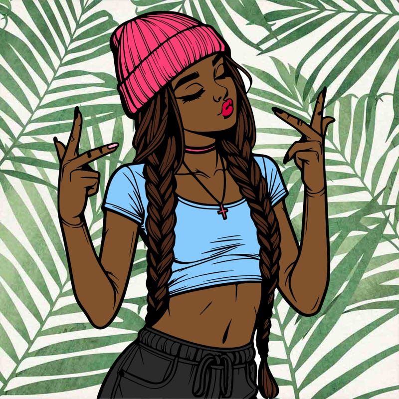realistic teenage girl with braids and a beanie and crop top doing 🫶🏼