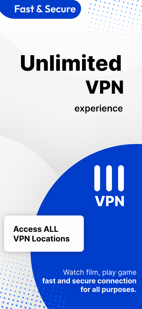 VPN 111 app promotional screen highlighting unlimited VPN experience and access to all global locations for fast streaming and gaming