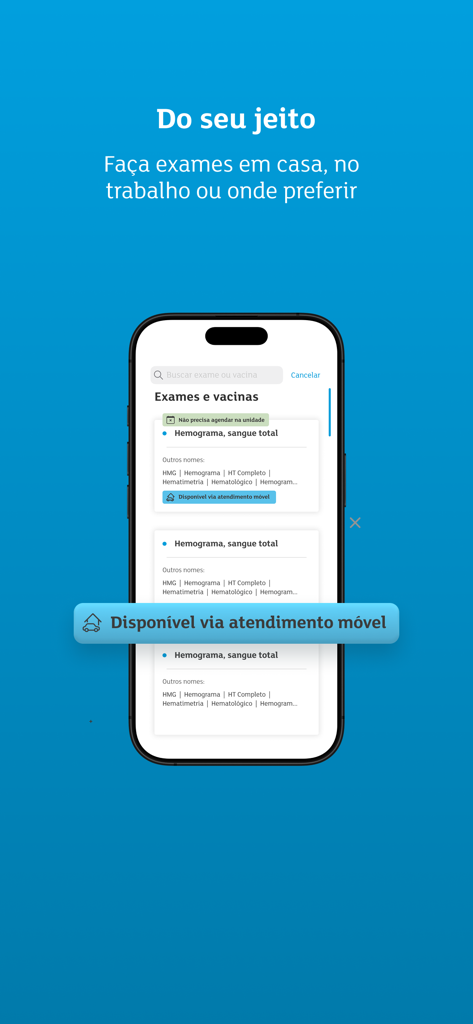 Labs a+ - Interfaz de la aplicación Labs a+ que muestra las opciones de servicio de laboratorio móvil para análisis de sangre y vacunas en casa