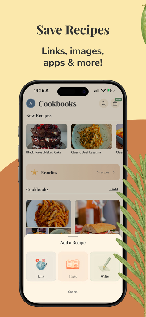 Interfaz de la aplicación móvil Foodie Recipe Journal mostrando opciones para guardar recetas de enlaces y fotos de redes sociales en un libro de cocina digital.