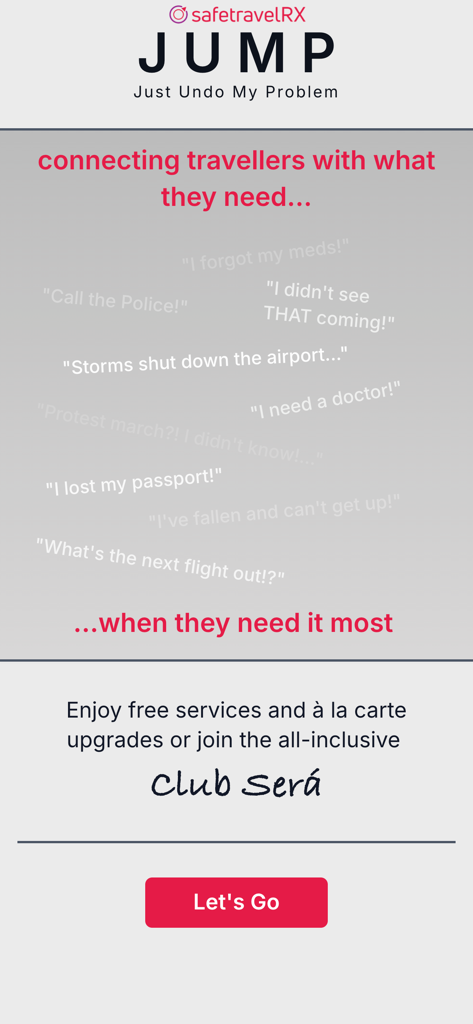 safetravelRX - Einführungsbildschirm der safetravelRX JUMP App, der verschiedene Reiseassistenzdienste und die Club Sera Mitgliedschaft hervorhebt.