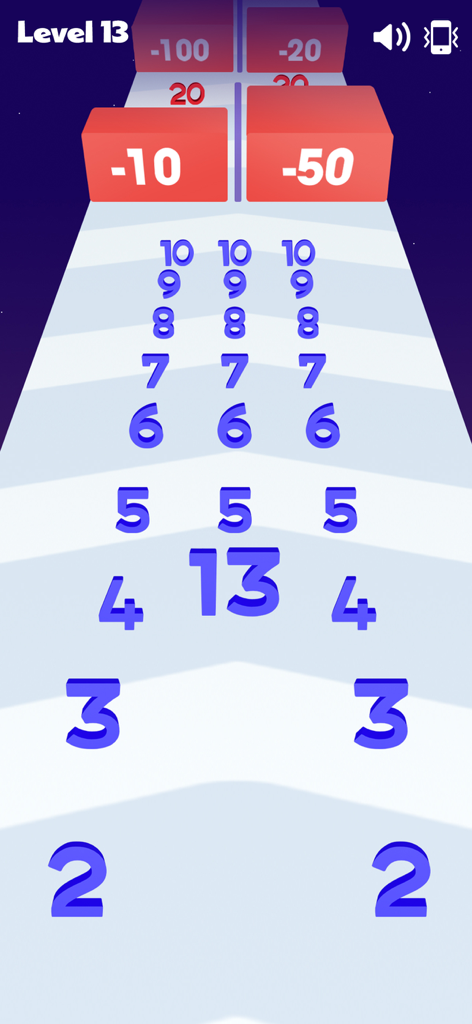 Numbers Merge: Plus and Run - Gameplay screenshot of Numbers Merge showing a number character avoiding negative blocks on a runner track