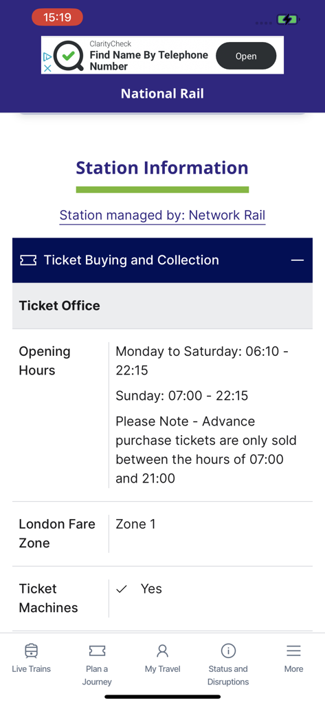 National Rail - Interfaz de la aplicación National Rail que muestra información de la estación y horarios de apertura de las taquillas