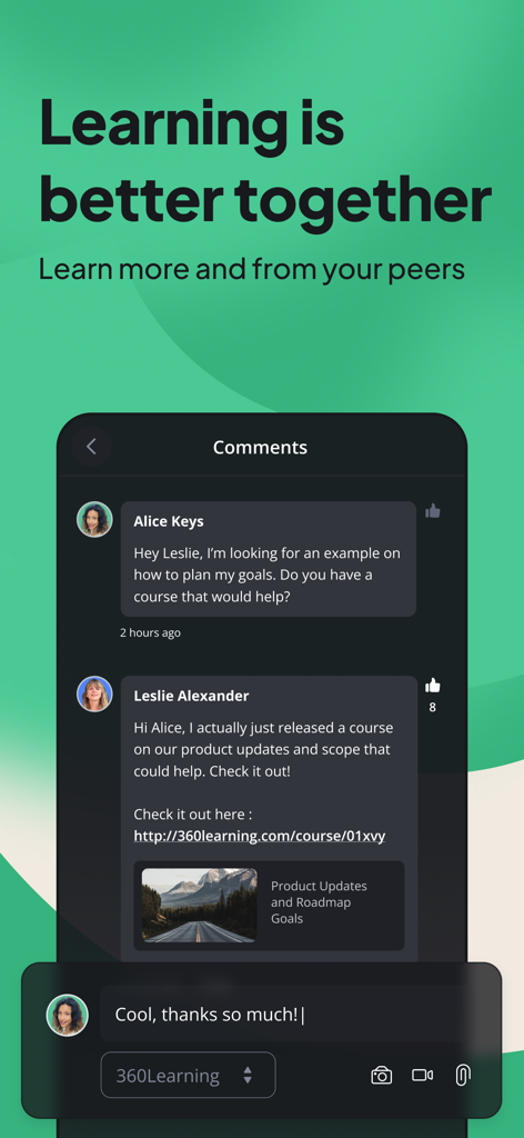 360Learning - Une interface mobile de l'application 360Learning montrant une section de commentaires où les collègues discutent et partagent des cours de formation professionnelle.
