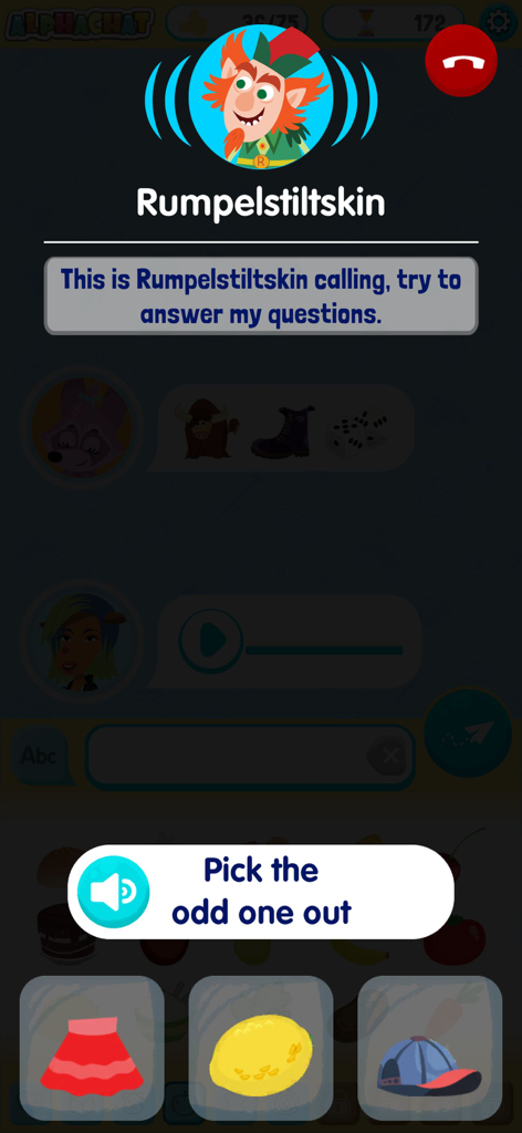 Alphachat by Helen Doron - Alphachat app interface showing an educational game to pick the odd one out