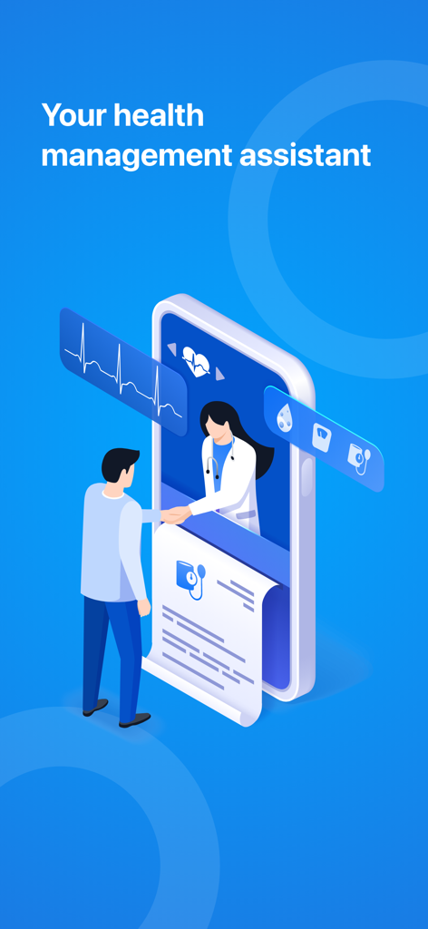ViHealth - Isometric graphic showing a man connecting with a doctor through the ViHealth smartphone app
