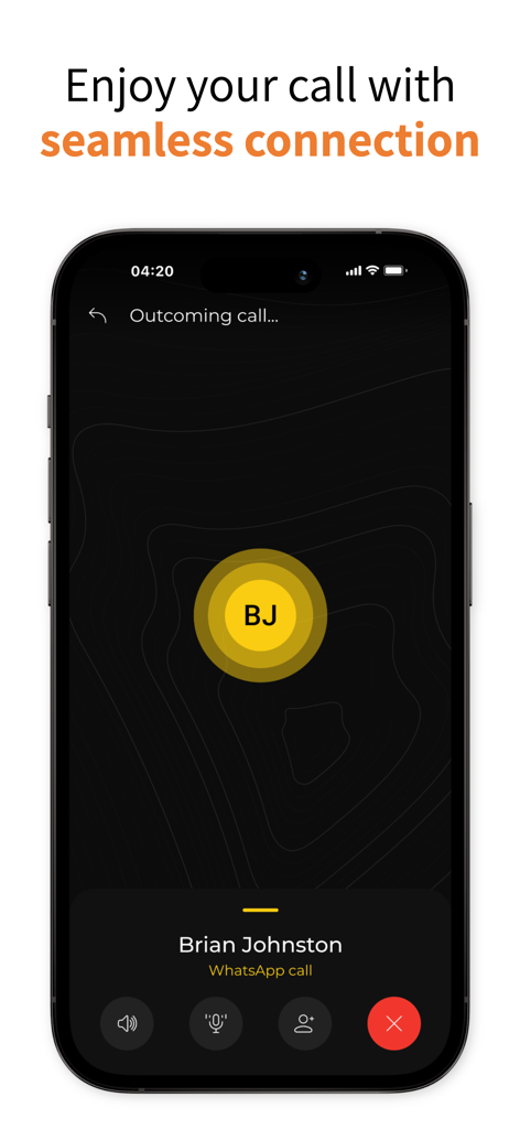 AnyCalls app displaying an outgoing WhatsApp call interface on a smartphone.
