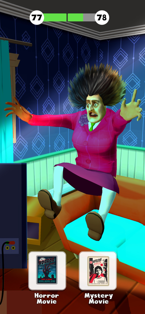 The Prankster 3D - A scene from The Prankster 3D where the player chooses between a horror or mystery movie to prank the scary teacher.