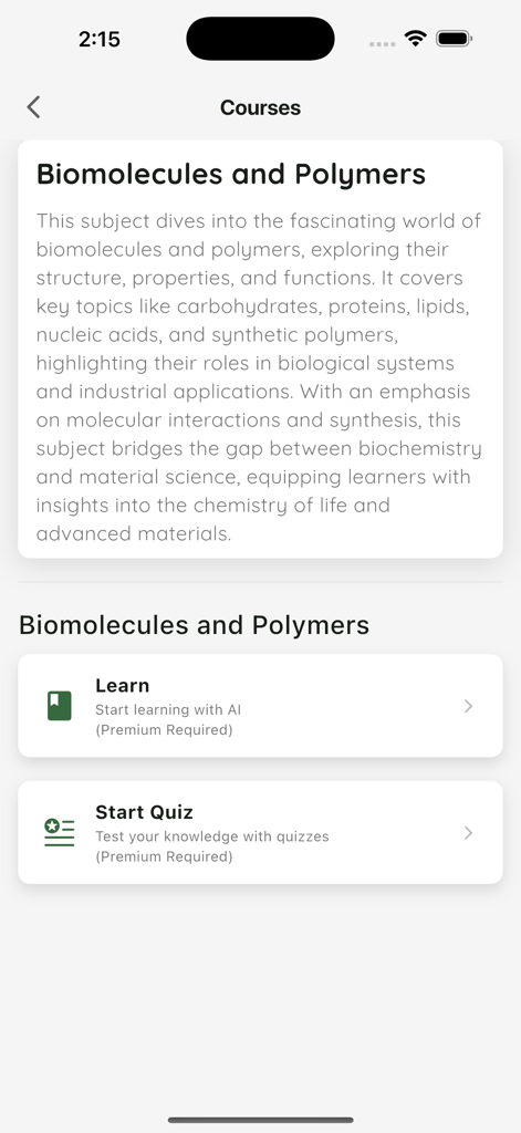 Quiz & Learn - Pantalla de resumen del curso de Biomoléculas y Polímeros en la aplicación de estudio Quiz and Learn