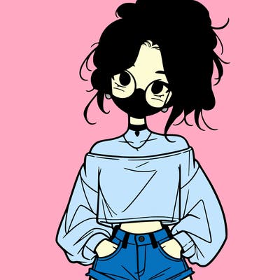 girl with a messy ponytail glasses a baggy crop top and jean shorts