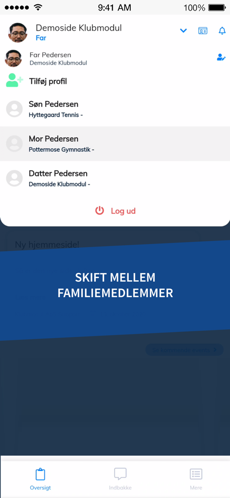 Oberfläche der Klubmodul App, die Optionen zum Wechseln zwischen Familienmitgliedskonten zeigt