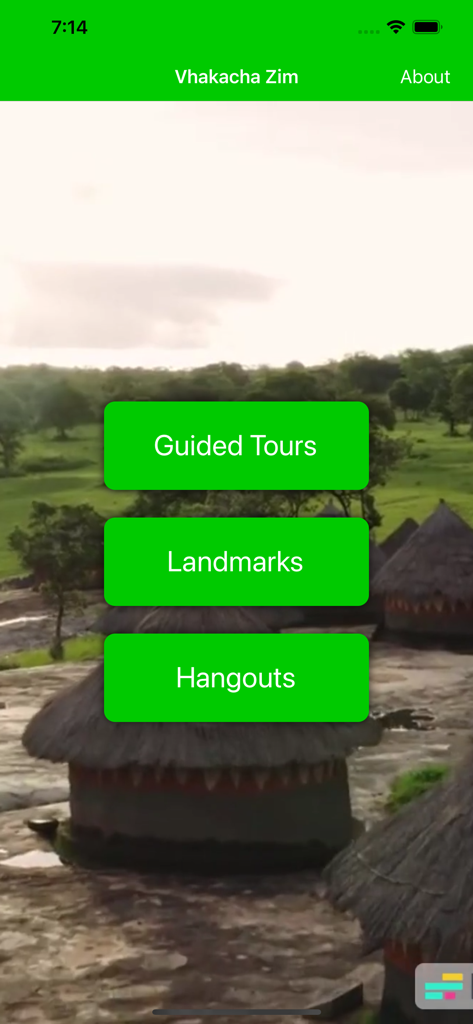 Vhakacha Visit Zimbabwe - Main menu of the Vhakacha Visit Zimbabwe travel app featuring buttons for Guided Tours, Landmarks, and Hangouts over a background of traditional huts.