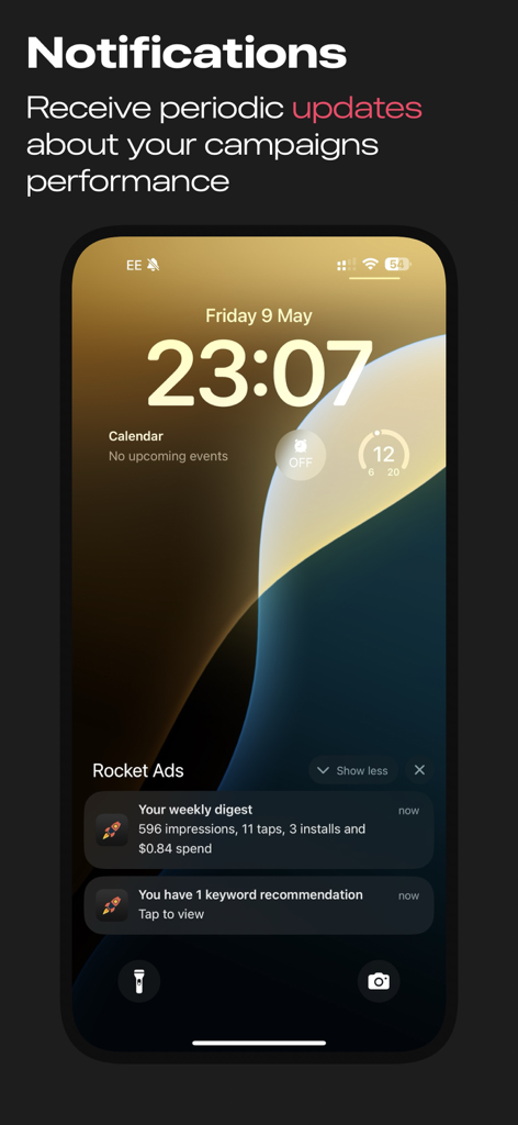 Rocket Ads - Rocket Ads notifications on an iPhone lock screen showing campaign performance updates and keyword recommendations