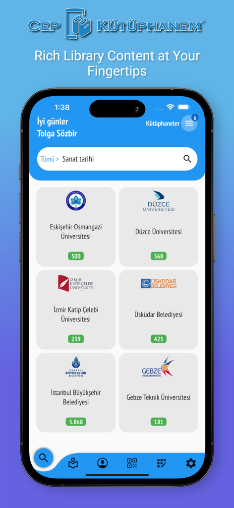 Cep Kütüphanem - Die mobile App Cep Kütüphanem zeigt eine Liste verschiedener Universitäts- und Stadtbibliotheken in der Türkei.
