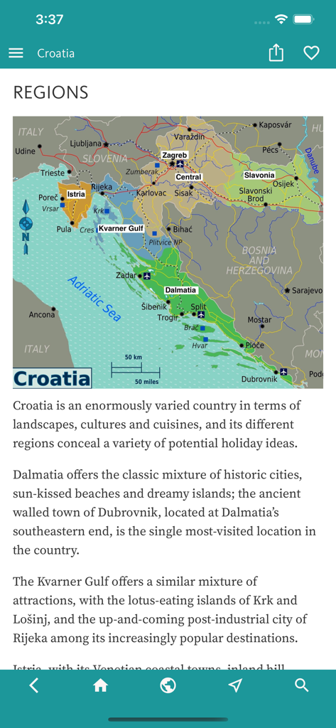 Croatia’s Best: Travel Guide - 크로아티아 지역 지도와 크로아티아 최고의 앱의 여행 설명.