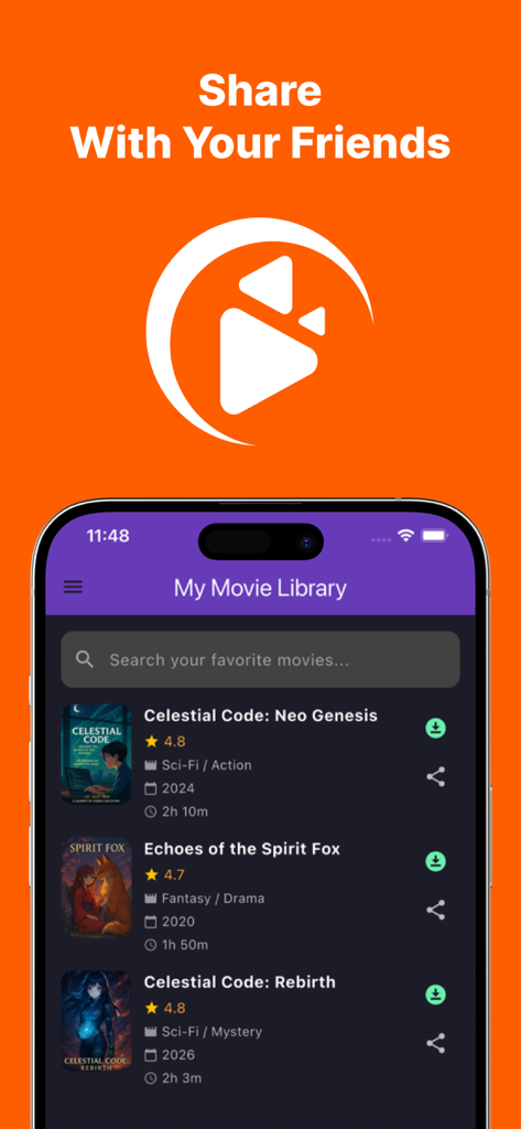 AniStreamX - 저장된 영화 목록과 '친구와 공유' 배너가 있는 '내 영화 라이브러리' 인터페이스를 보여주는 AniStreamX 앱 화면.