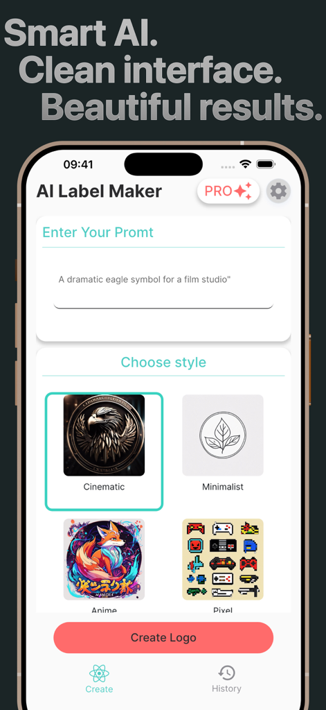 Kittl AI Studio — Logo Design - Interface de l'application Kittl AI Studio montrant une saisie de prompt pour un logo d'aigle et différentes options de styles de design comme cinématique et minimaliste.
