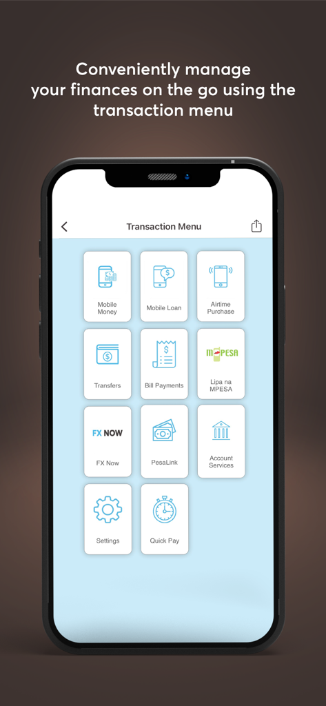 Menu de transações do aplicativo NCBA NOW mostrando dinheiro móvel e serviços bancários