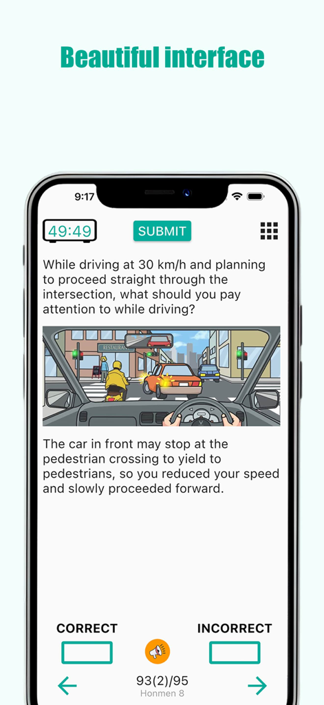 KariHonmen - Karimen & Honmen - Captura de pantalla de la aplicación KariHonmen que muestra una pregunta de examen de práctica para la licencia de conducir japonesa en inglés.