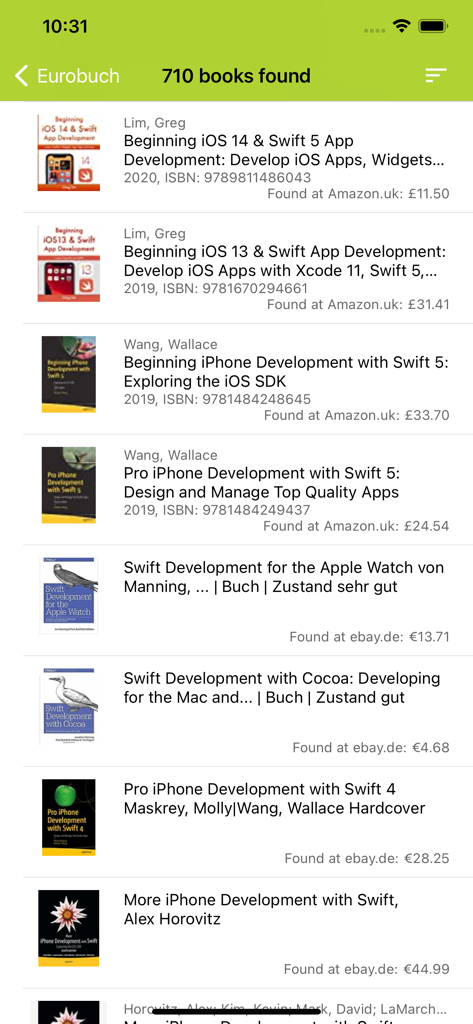 Find-More-Books - Página de resultados de búsqueda en la aplicación Find-More-Books mostrando una lista de libros con precios de varios vendedores en línea